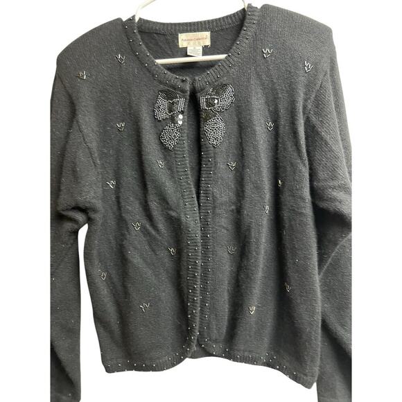 Potomac Collection Embellished Sweater Cardigan Black Bow Shoulder Pads Vintage - Picture 3 of 9
